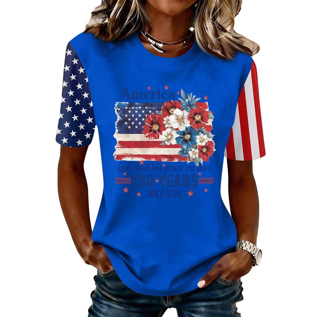 Blusa Feminina da Moda Casual de Manga Curta com Estampa e Gola Redonda