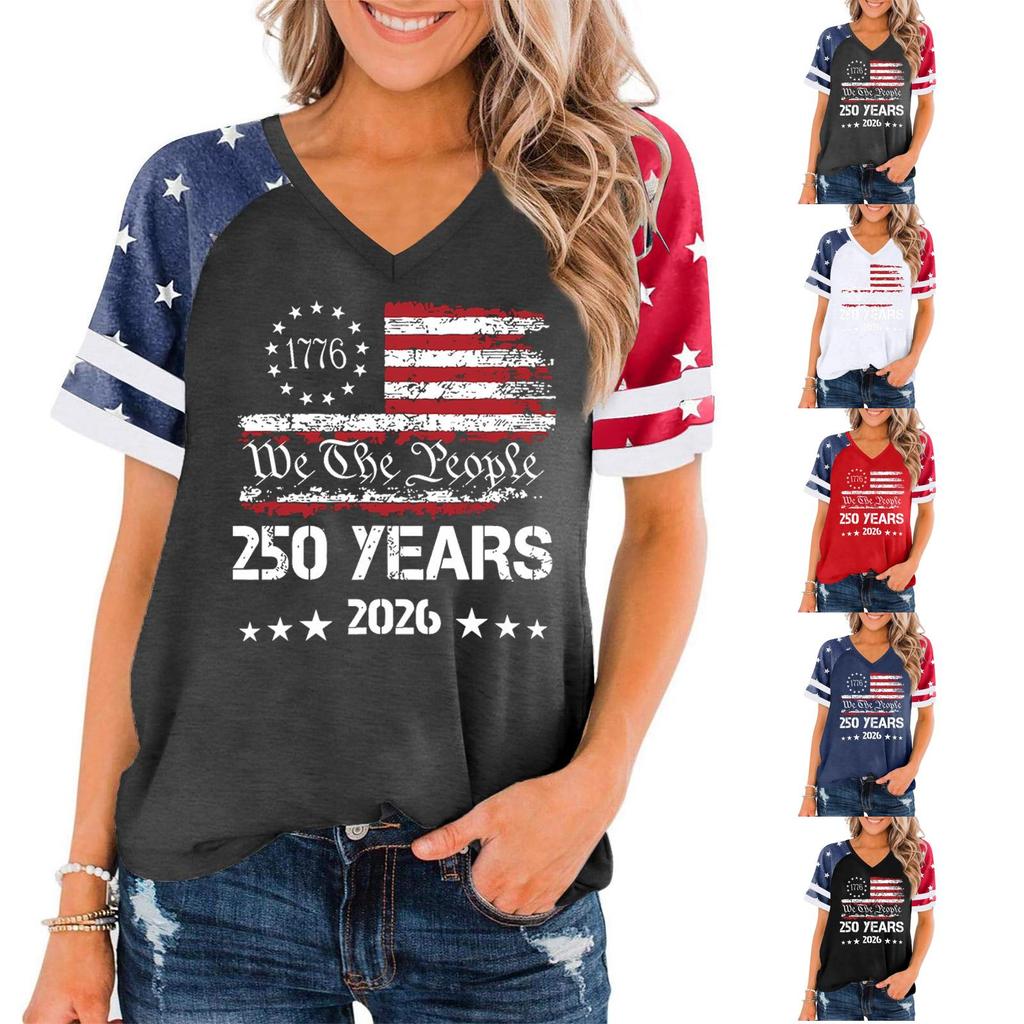 Women's Casual V Neck Short Sleeve Pullover T Shirt Independence Day Graphic Print Top 250 Years Commemorative Design 2026