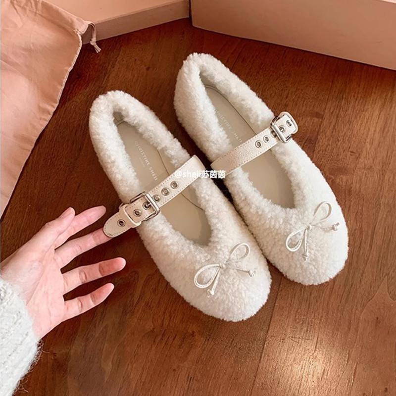 Traubenmutter gleiche miu Liebling~ Schleife flache Mary Janes Lammwolle einzelne Schuhe Damen Ballerinas