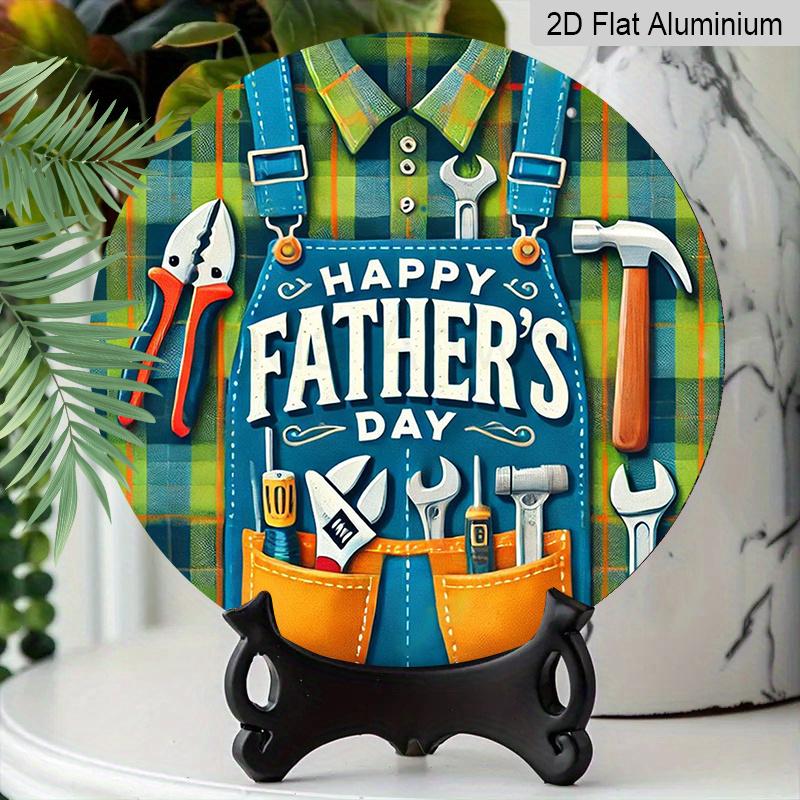 2D Flat, 1pc Round Happy Father's Day Aluminum Hanging Sign, Tool Apron Plaid Design, Durable Metal Wall Decor, Perfect for Dad Gift, Home, Bar