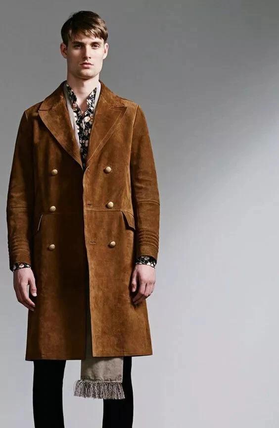 Leather Brown Handmade Stylish Overcoat Trench Coat Brown Men Pure Suede Coat