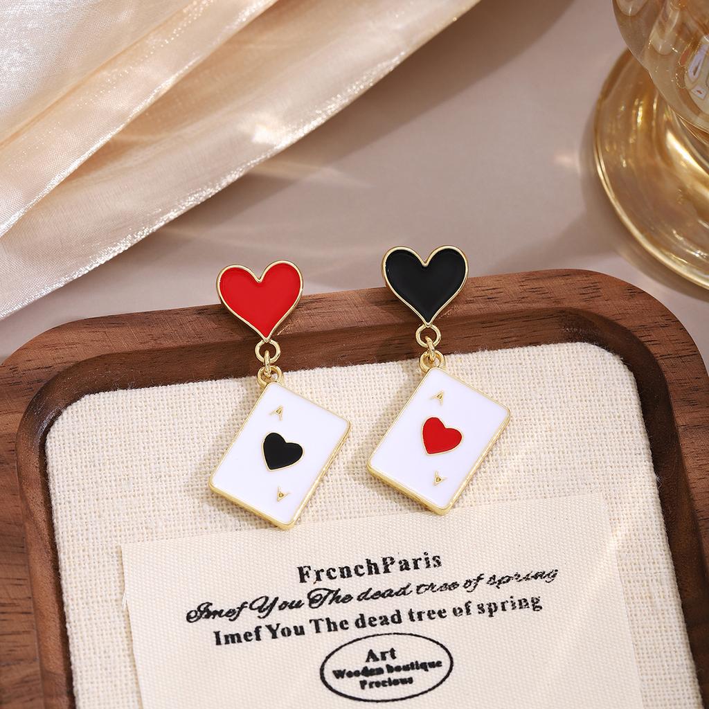 Oil Drop Heart Spade Playing Card Earrings, Light Luxury Design Sense Asymmetrical Personality Fashion Earrings
