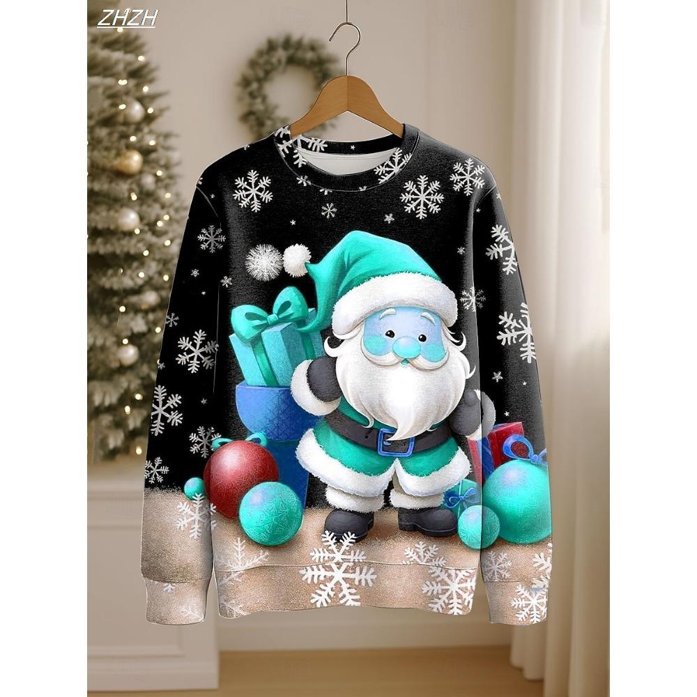 Women's Christmas Santa Print Sweatshirt, Festive Pullover Crewneck, Long Sleeve Holiday Top