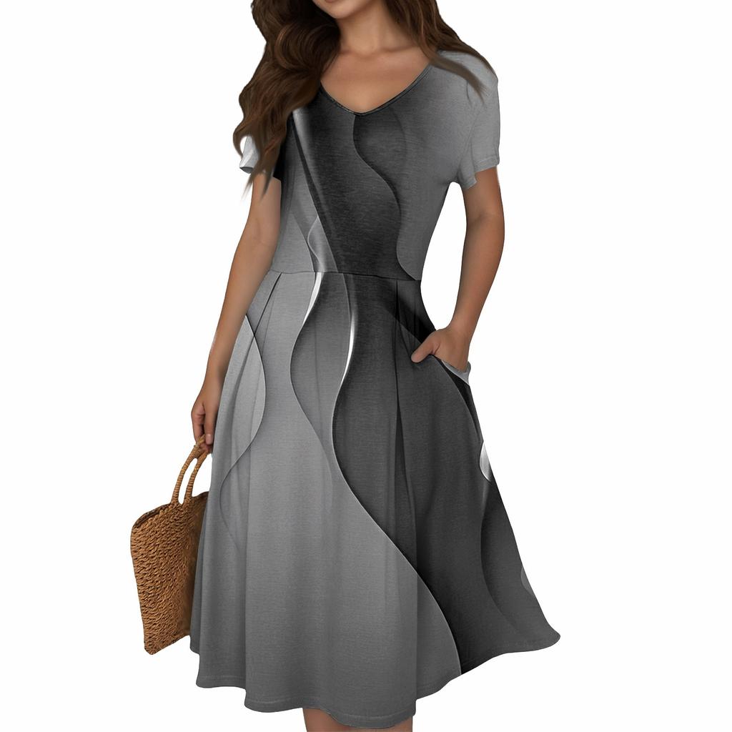 Women's Summer Casual Print V-Neck Short Sleeve Dress With Pockets