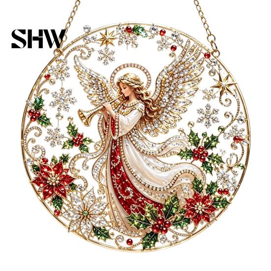 Christmas Faux Diamond Art Ornament Kit Kit, Santa Angel Sun Catcher DIY Acrylic Textured Bead Round Board, 3D Craft for Adults, Festive Window