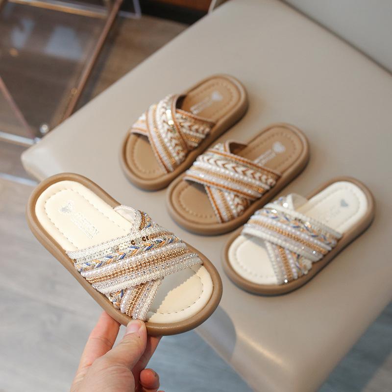 Girl Woven Slippers Soft-soled Outdoor Walking Shoe Child Summer Children's Retro Ethnic Style Princess Beach Shoes Slide H05289