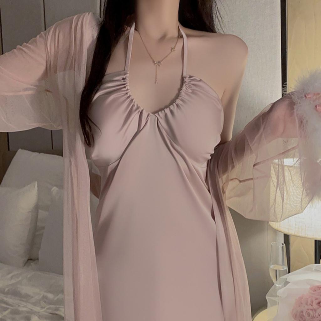 Satin Drawstring U-neck Plus Chest Pad Slim and Thin Suspender Nightdress Mesh Robe Loungewear Set