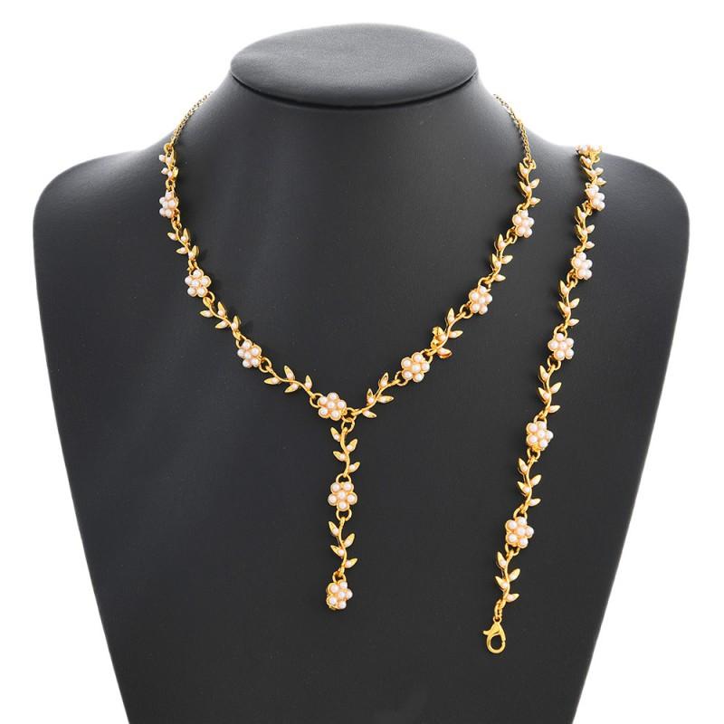 Elegant Gold Floral Pearl Necklace Bracelet Set Bridal Wedding Outfit Vintage Chic Jewelry Accessories
