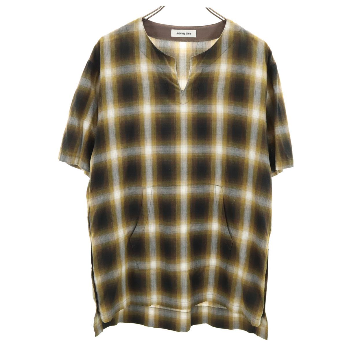 

MONKEY TIME Check Pattern Short sleeve shirt M Mustard pullover Men s Used