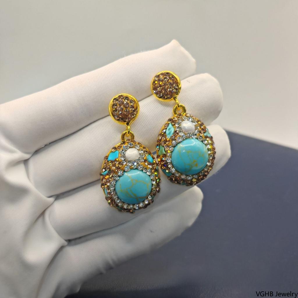 Natural turquoise pearl earrings three-piece set niche design high-end inlaid rough stone necklace jewelry set women