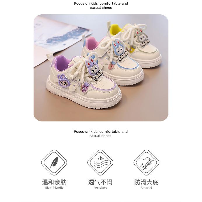 Children's Girls' Sneakers, Spring and Autumn Styles, Fashionable, Soft-soled, Non-slip L Labubu Little Girl's Casual White Shoes