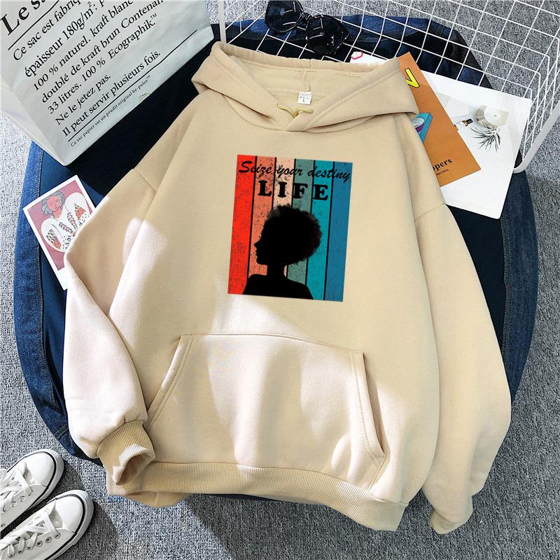 Women Autumn Winter Plush Thickened Hoodie Hooded Ladies Printed Oversize Loose Long Sleeves Pullover Sweatshirt