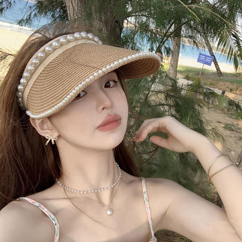 Women'S Summer New Fresh Beach Hat With Pearls Open Top Sun Hat Fashionable Raffia Straw Hat
