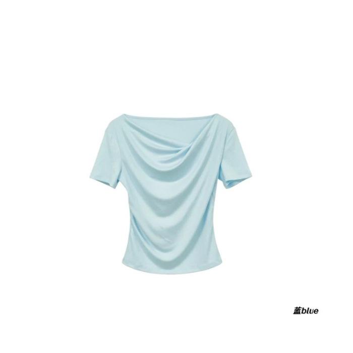 Summer Irregular Pure Desire Design Sentimental Neck Front Shoulder Skinny Short Sleeve T-Shirt Women