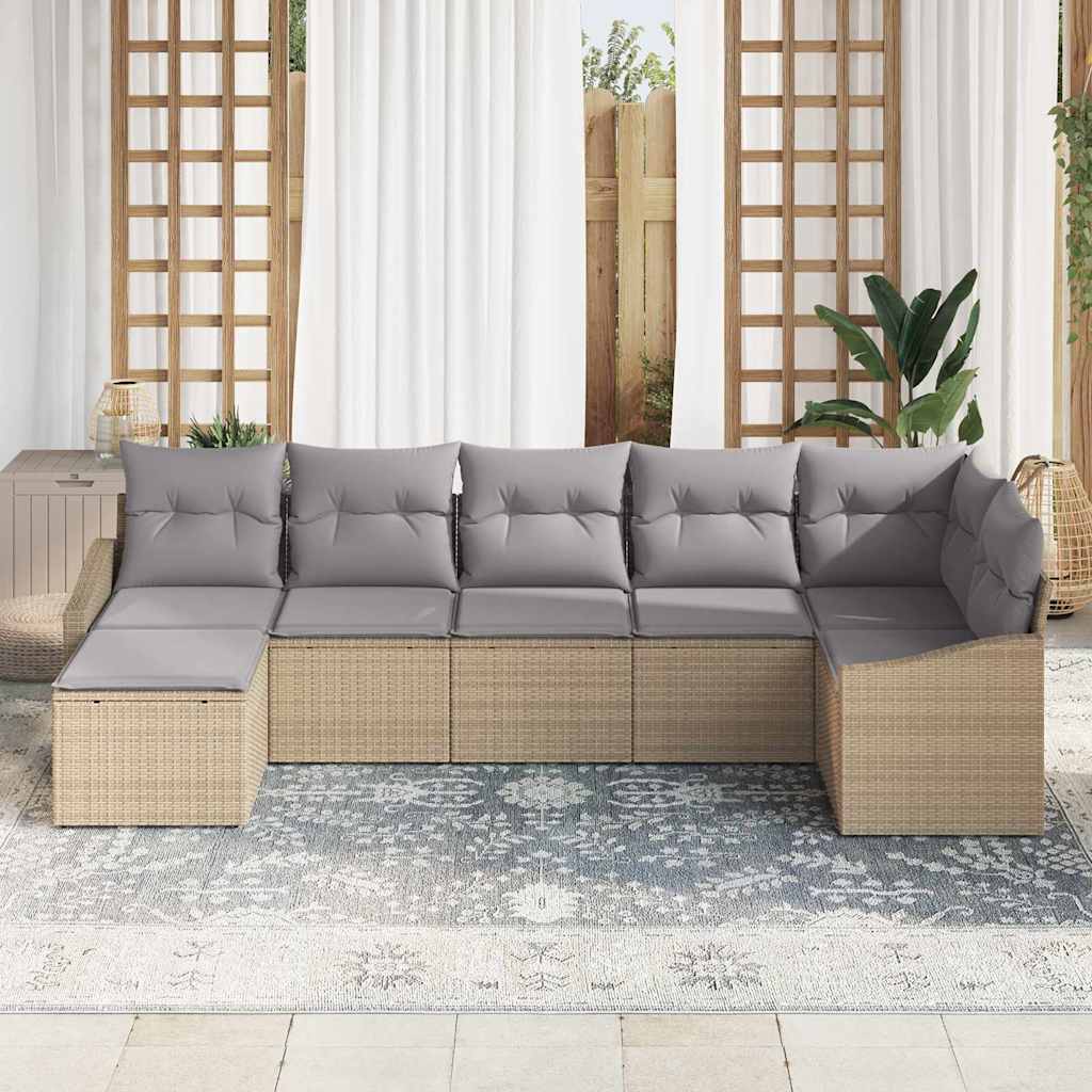 7 Piece Beige Poly Rattan Sofa Set with Cushions