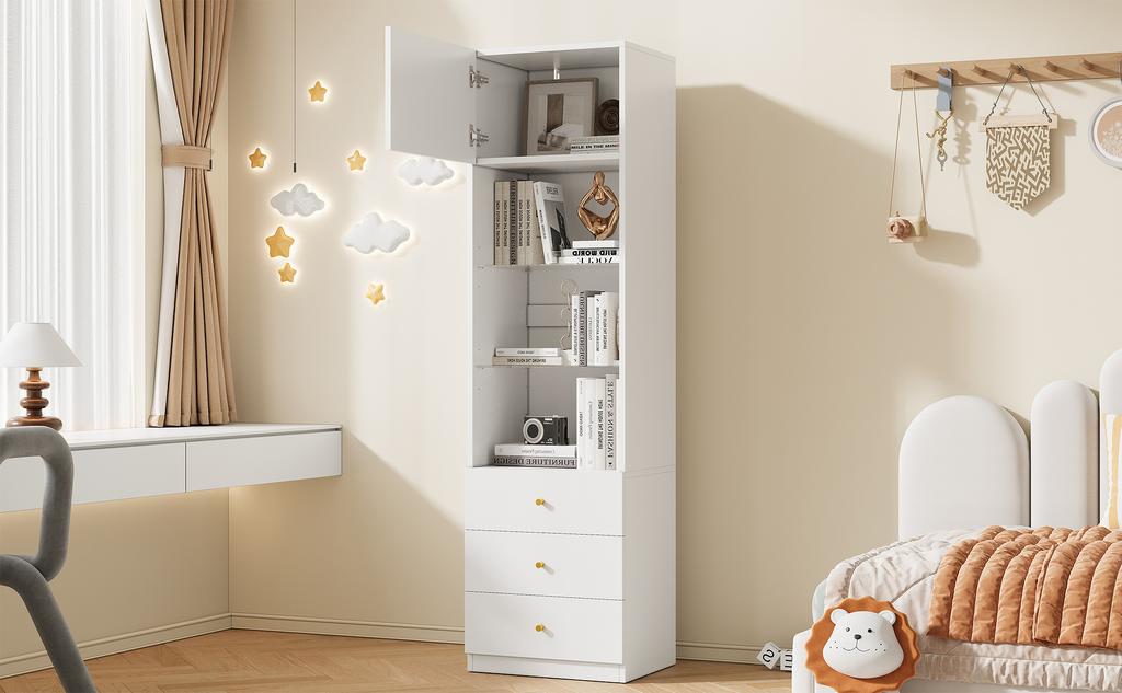 Vetrina, Armadio Alto, Armadio Contenitore, Libreria, con Scomparti Aperti, con Cassetti, Ripiani in Vetro Regolabili in Altezza, Bianco, 50×40×180 cm
