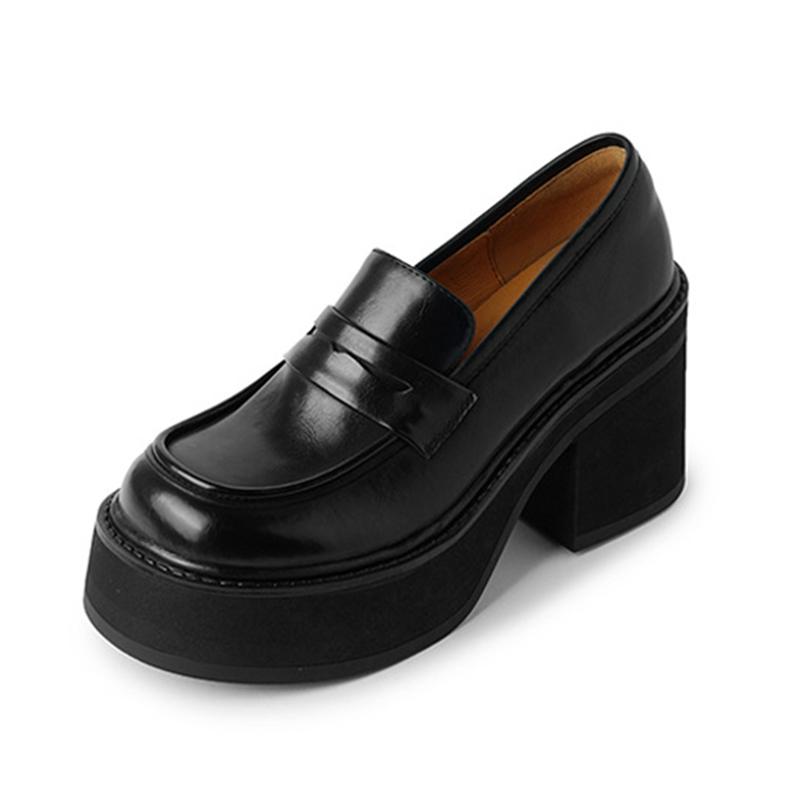 

Модные женские туфли из натуральной кожи на толстой подошве 9 см, увеличивающие рост, винтажные туфли-лодочки на массивном среднем каблуке, весенние модные кожаные туфли, размер 34-39 39 чёрный