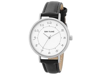 SUN FLAME Watch MJG-B26 MJG-B26-BK Black Faux Leather Band Alloy Steel Case NEW