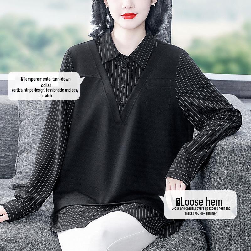 Spring Casual Plus-Size Two-Piece Shirt - Light Mature Style with Turn-Down Collar for Women