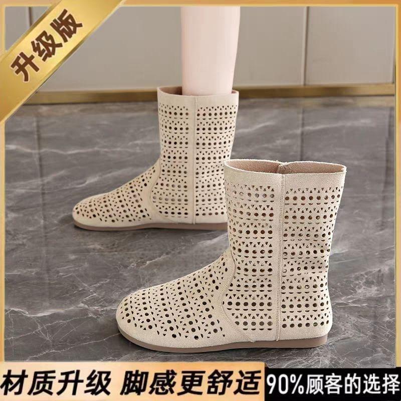 Summer thin flat-bottomed breathable hole boots, new medium tube versatile Martin boots, women's red women's shoes