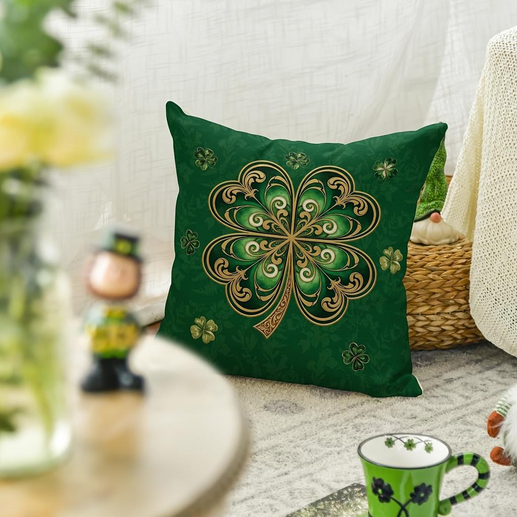 St. Patrick's Day Gold Decorative Clover Throw Pillowcase | Vintage style clover cushion cover