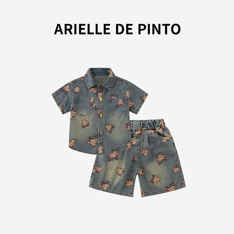 French Arielle De Pinto Boys Summer Short-Sleeved Retro Style Nezha Denim Two-Piece Set Suit 120