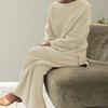 2 Pcs/Set Women Sweater Pants Set Knitted Stretchy Round Neck Loose Wide Leg Elastic Waist Thick Soft Warm Homewear Sleepwear Lady Winter Fall