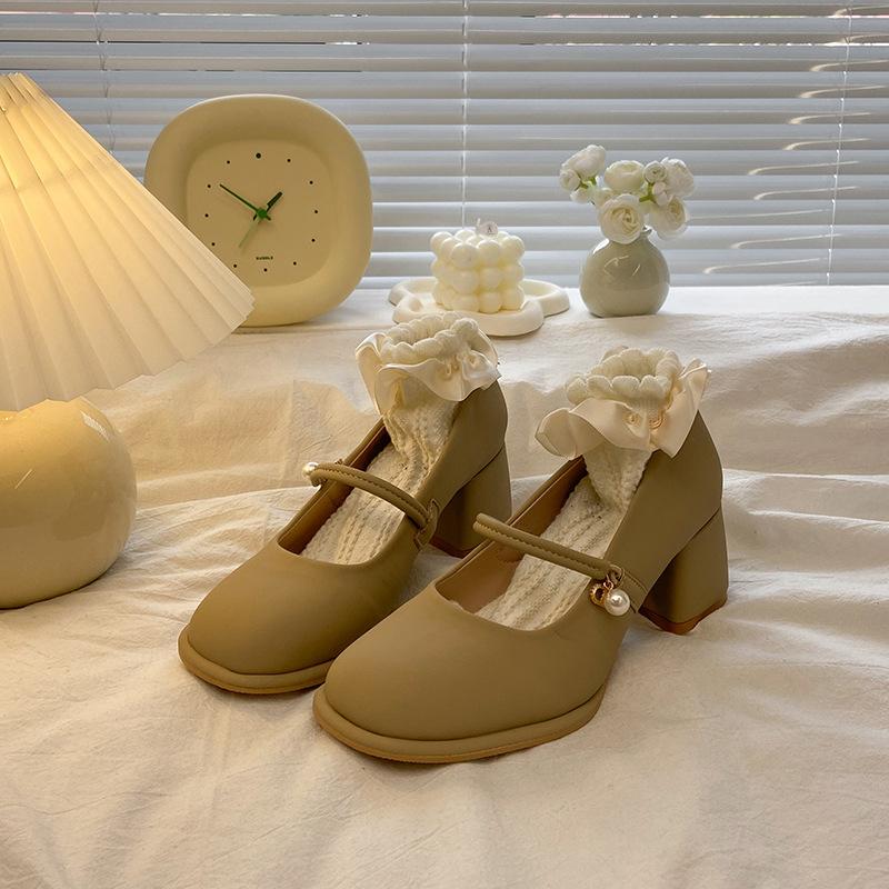 

Французский нежный вечерний бриз туфли-лодочки Мэри Джейн женские на толстом каблуке весна и осень с юбкой лето 2025 новая маленькая кожаная одинарная обувь 40 светло-зеленый