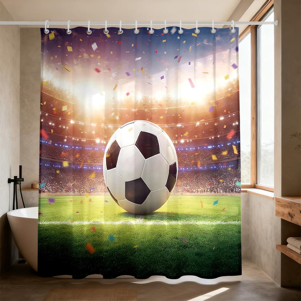 Soccer Football Shower Curtain 90Gsm Waterproof Stadium Trophy Print Bathroom Decor With Hooks