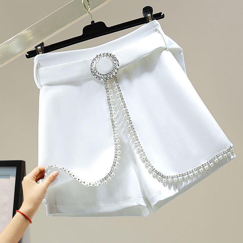 Pantalones cortos de traje con incrustaciones de diamantes con cuentas Pantalones anchos de cintura alta elegantes para mujer