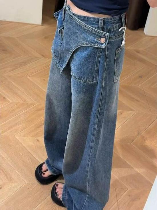 Jeans da Donna a Vita Alta a Gamba Larga con Design Finto Due Pezzi e Patta Posteriore - Pantaloni Eleganti, Slim-Fit, Larghi, Lunghi per la Primavera