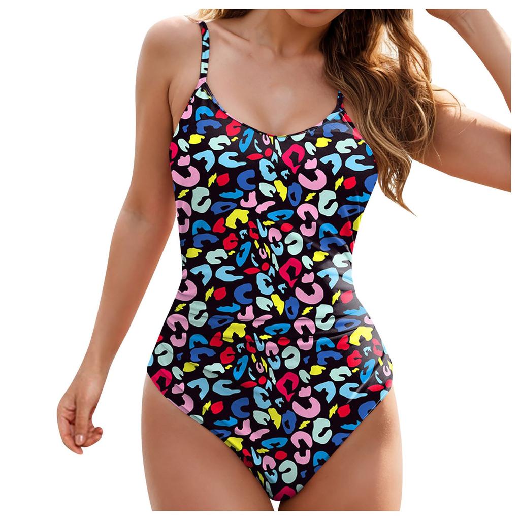 Women Print Jumpsuit Bikini Gather Push Up Sexy Sling Backless Swimsuit Women's Hanging Neck High Waist Suspender Bikini