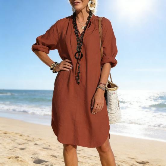 Baumwoll-Leinen-Kleid für Damen Boho Lässig Strandurlaub Sommerkleid Langarm V-Ausschnitt Locker geschnittenes Kleid