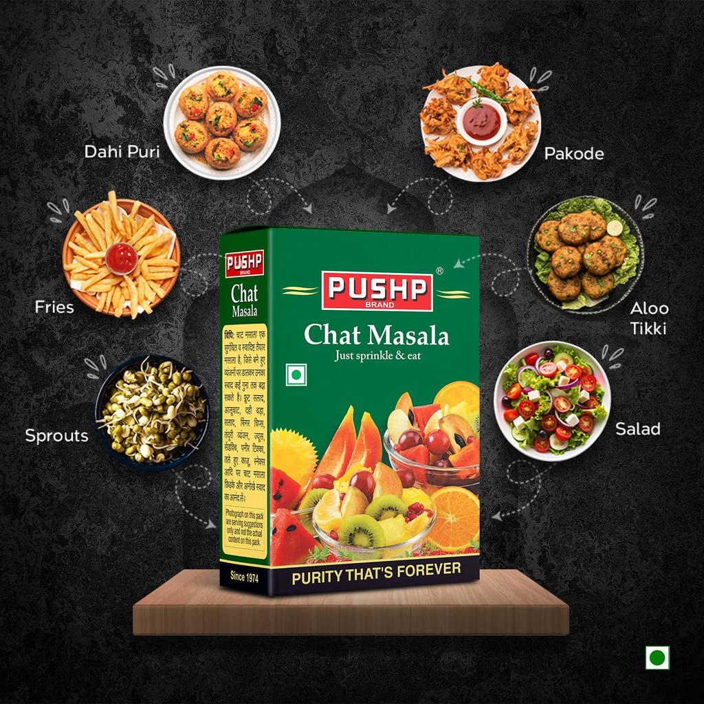 Pushp Chat Masala Tangy And Spicy Seasoning Blend For Fruits Snacks Salads And Chaats Authentic Flavor Enhancer 100G X Pack Of 5