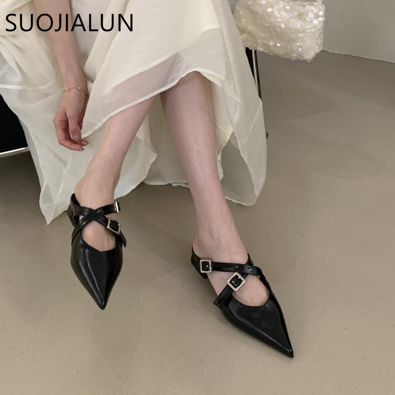 Fashion SUOJIALUN 2025 Autumn Women Flat Heel Slipper Fashion Pointed Toe Slip On Mules Shoes Soft Casual Outdoor Dress Sandal Slides Sh