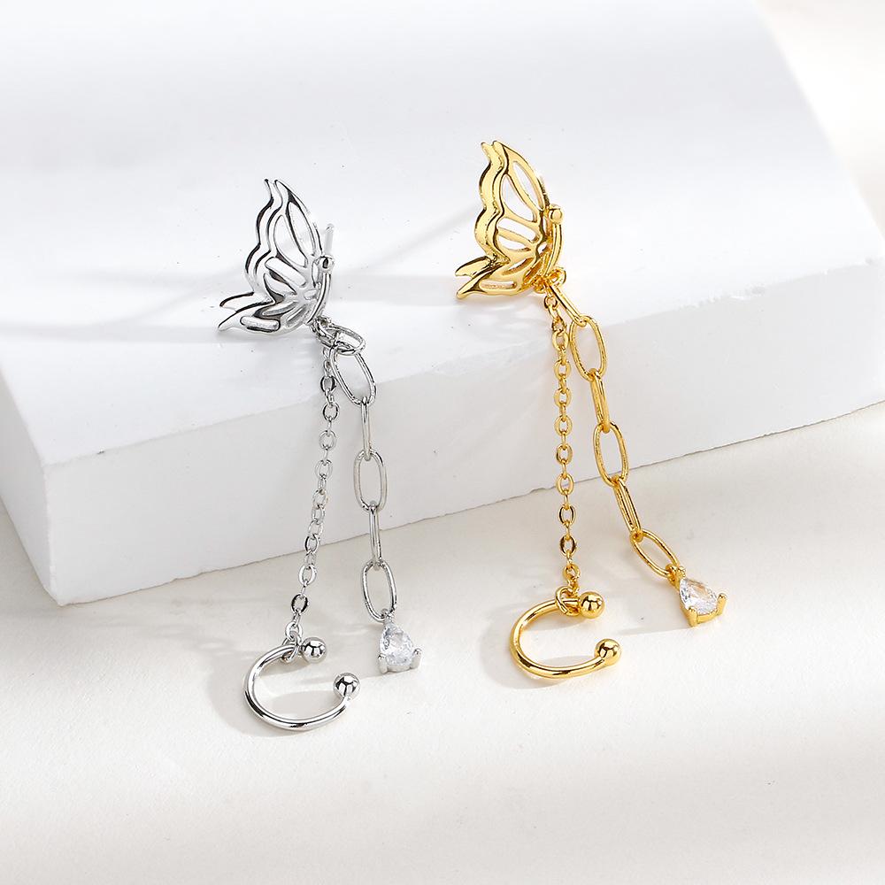 Super Fairy Temperament Fringed Butterfly Ear Clips, Thin Long Chain Splicing Integrated Earrings, Cross-Border Earbone Clips
