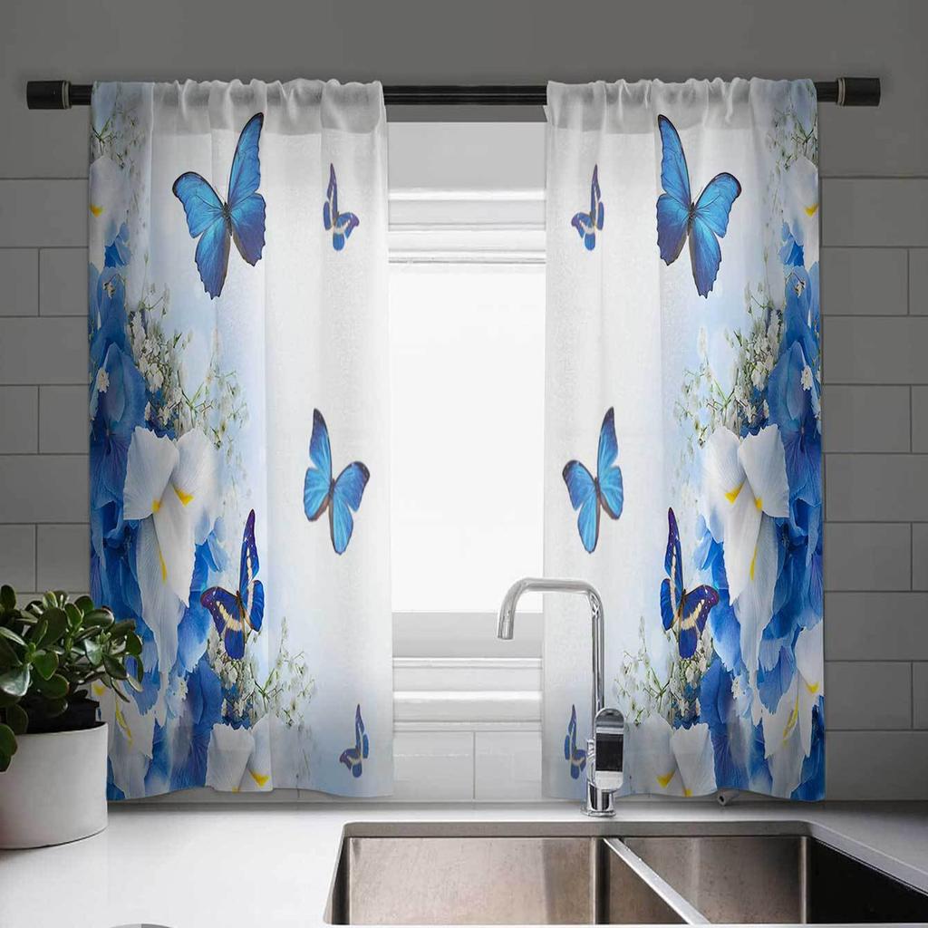 Elegant Butterfly And Floral Print Curtains for Kitchen Living Room Bedroom Decor Vintage Style Window Treatment 2pcs Cortinas