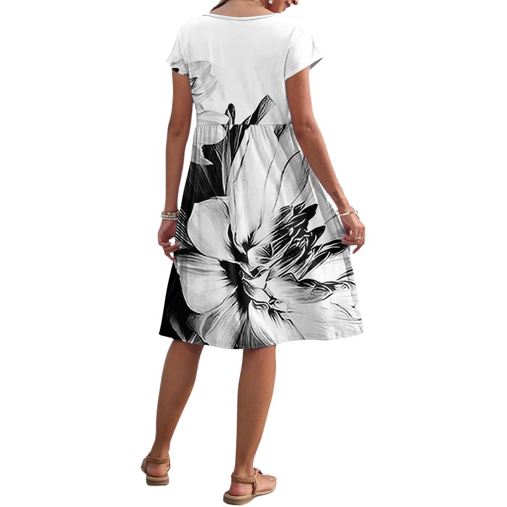 Abito estivo da donna casual con scollo rotondo, maniche corte e stampa floreale
