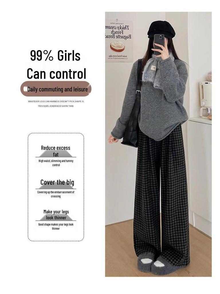 Black & Gray Wide-Leg Plaid Wool Pants, XS, High-Waisted, Petite Fit, Retro Style for Autumn/Winter