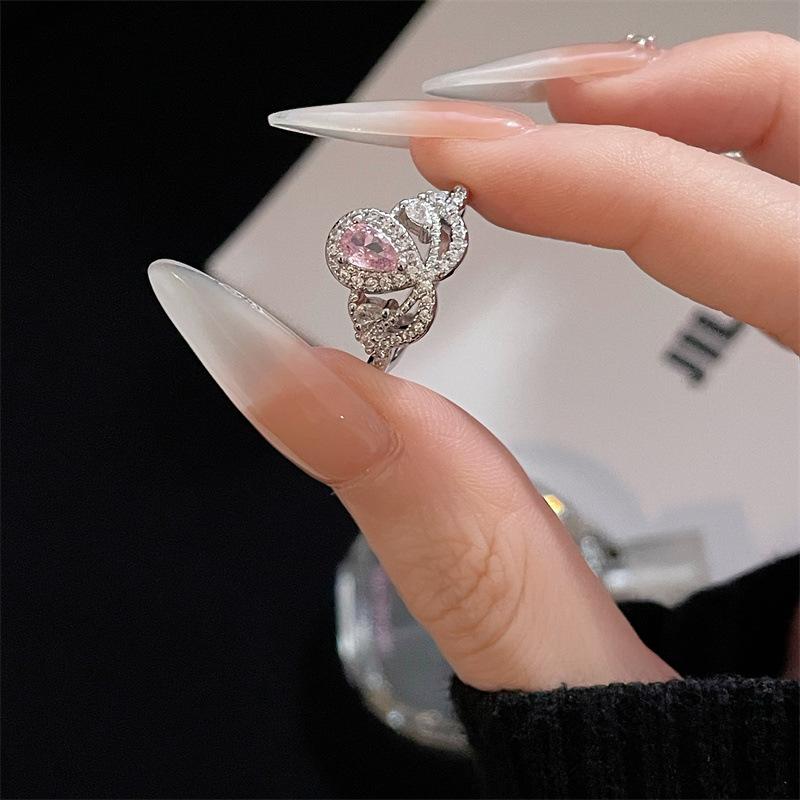 Rosa Zirkon Serie Süßer Super Flash Fee Gas Voll Diamant Öffnungsring Nische Design Schleife Mode Zeigefingerring