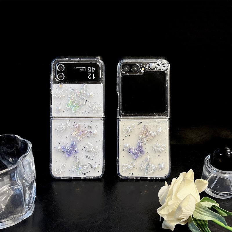 For Samsung Zflip6 Flip Folding Screen Zfold5 Pearl Butterfly W24flip Glitter Fans Ins Style Phone Case