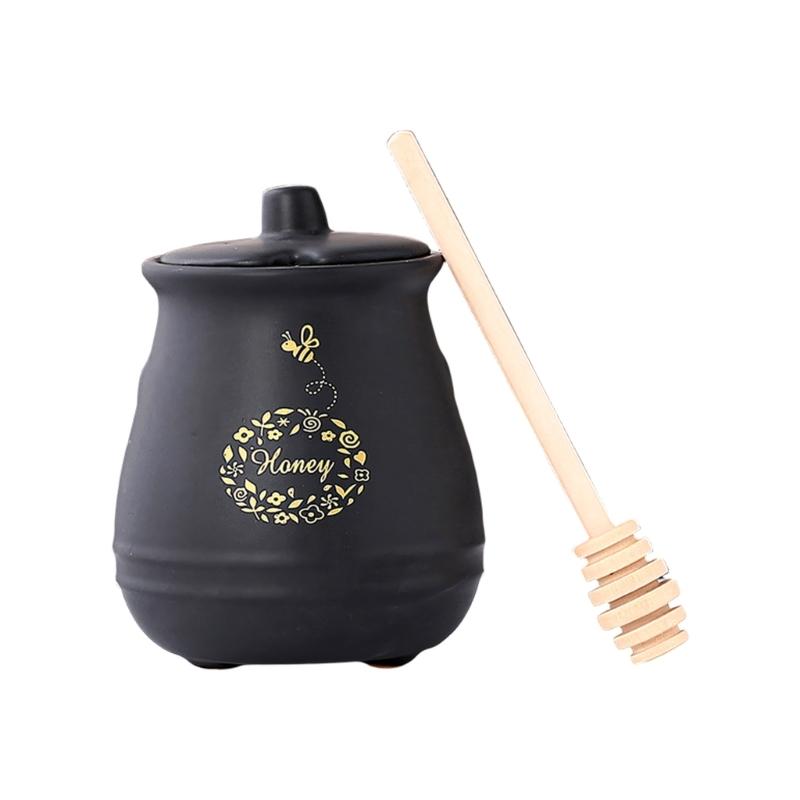 

Ceramic Honeys Jar with Wooden Dipper Stick Honeys Pot with Lids Honeys Storage Container Farmhouse Kitchen Decors Gift чёрный