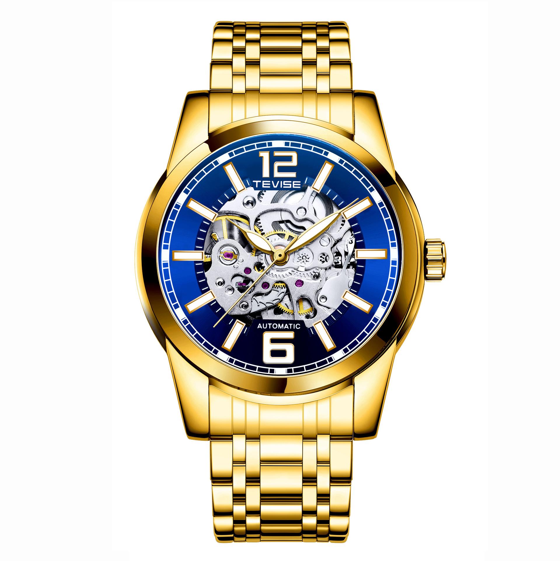 

TEVISE Механические часы Мужские часы-скелетоны Модные деловые повседневные часы Люминесцентные водонепроницаемые наручные часы для мужчин золотой/синий