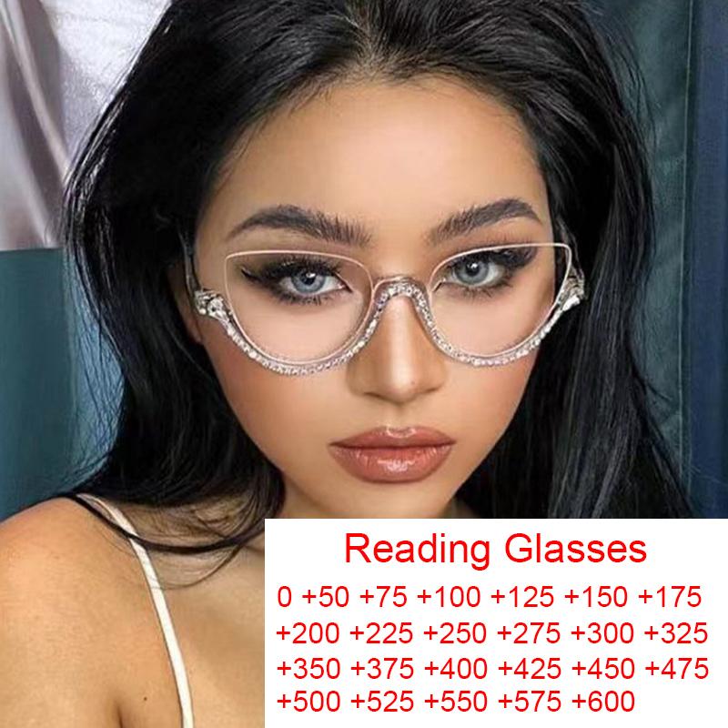 Transparent Diamond Cut Cat Eye Readers For Women Stylish Anti Blue Light Half Frame Rhinestone Glasses Premium Designer Style Eye Glasses