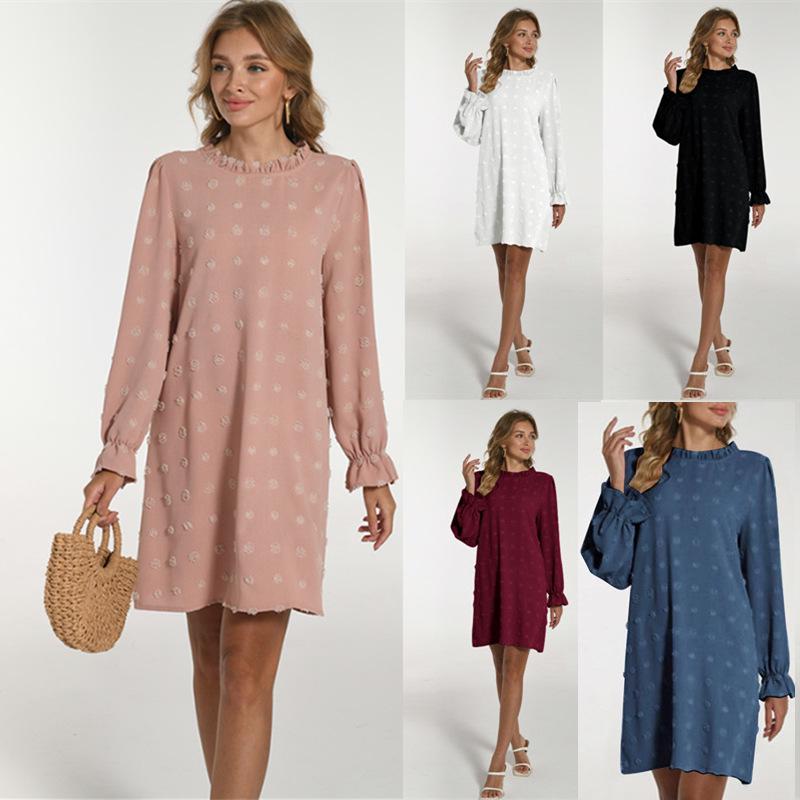 Abito Lungo da Donna alla Moda 2026 con Ricamo a Bolle, Pompon e Tessuto Jacquard a Manica Lunga
