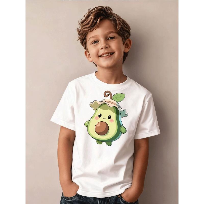 European sizes Crew Neck Boys Clothing Casual Trendy Daily Holiday Avocado Cartoon Character Sun Hat Leaf Pattern T Shirt Kids Wear for Boys Ages 5-13 110 белый