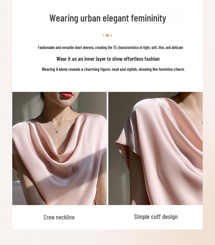 Women's High-End Short Sleeve Cowl Neck Satin Blouse