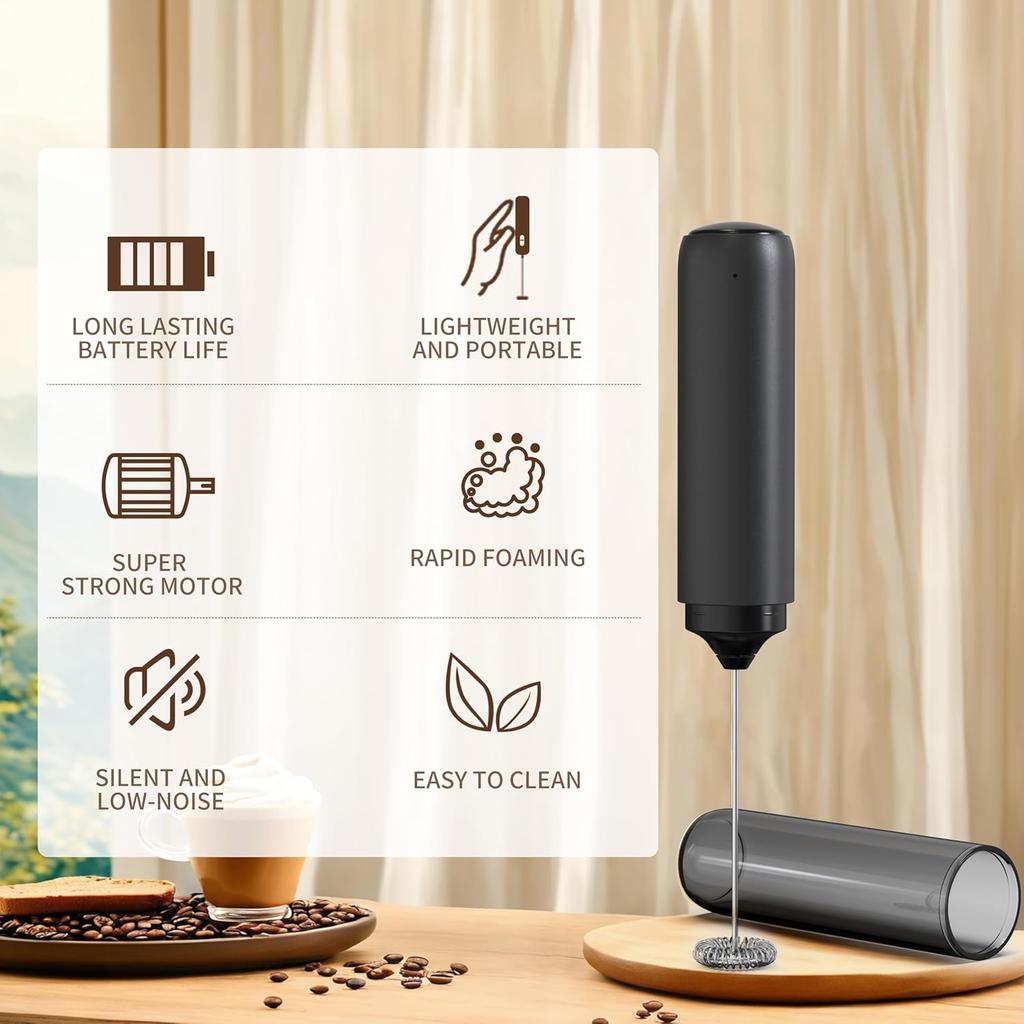 Wiederaufladbarer Milchaufschäumer Handheld mit Deckel Elektrischer Hand-Schaumschläger Tragbare Getränkemischer für Matcha, Lattes und Cappuccino, Schwarz