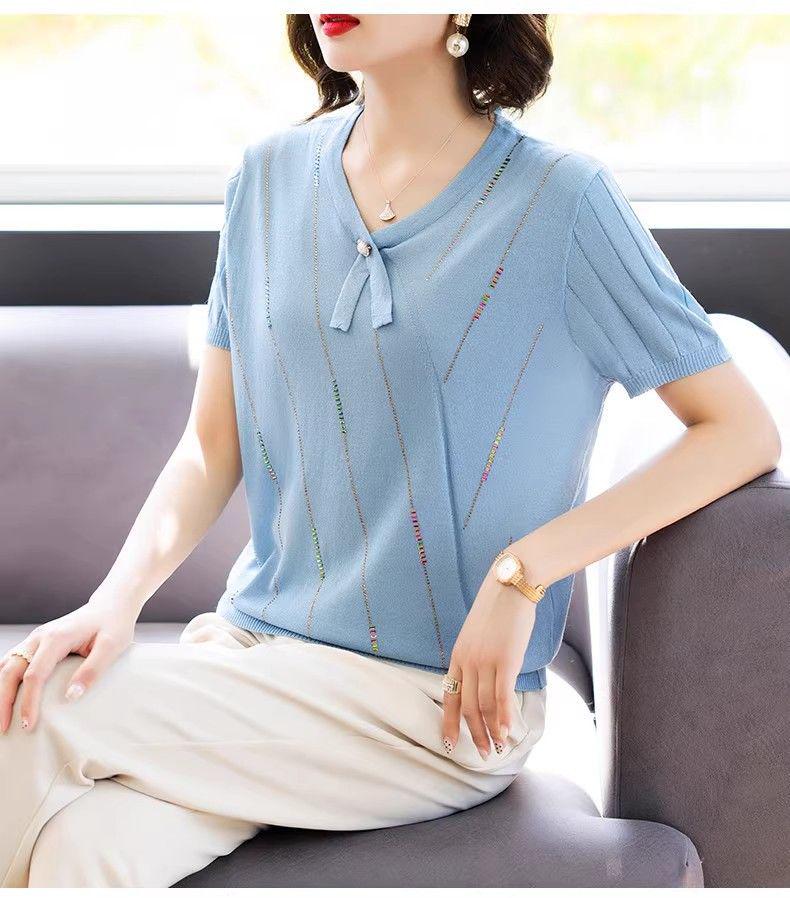 2026 Stylish Ice Silk Short-Sleeve Top for Mom: Lightweight Summer Wear for Middle-Aged & Elderly