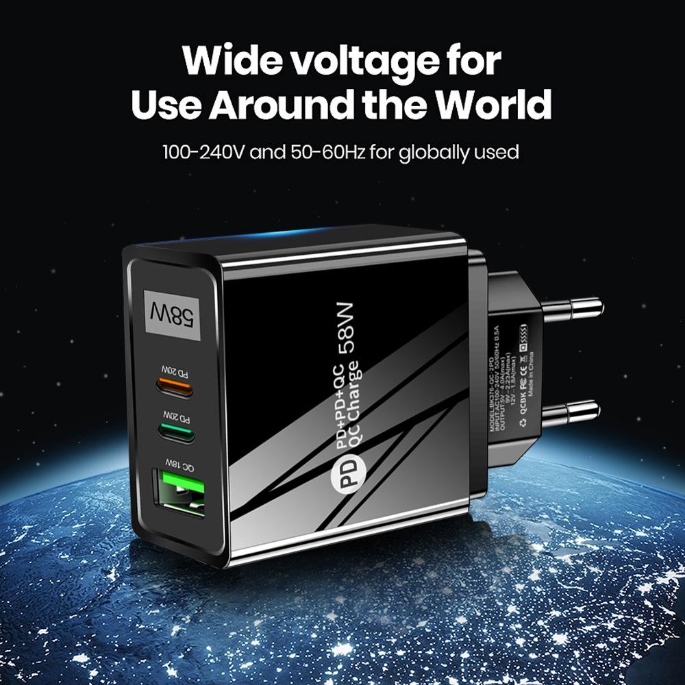 58W Fast Charging USB + Dual PD Travel Charger with EU/US/UK/KR/AU Plug, Type-C Compatible